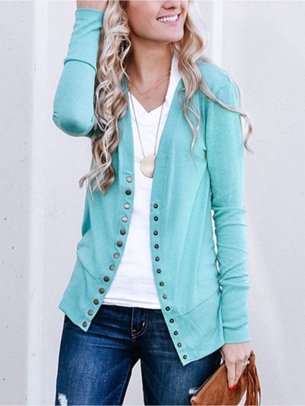 Zenana Teal Snap Button V-Neck Knit Cardigan Sweater Size Large